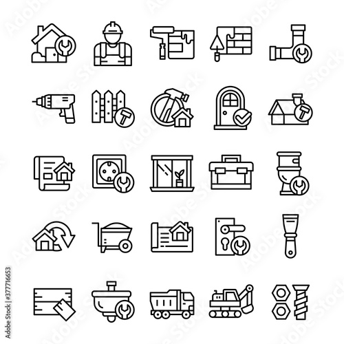 Set of Home Renovation icons with line art style.