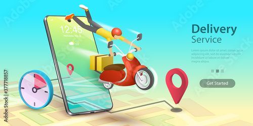 Fast Delivery Service by Scooter, E-commerce and Online Shopping, Mobile Store. 3D Vector Landing Page Template.