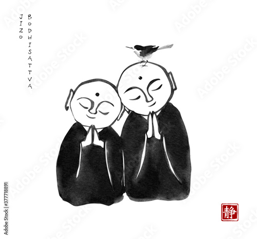 Two japanese jizo boddhisattvas and little bird. Traditional Japanese ink wash painting sumi-e. Hieroglyph - silence