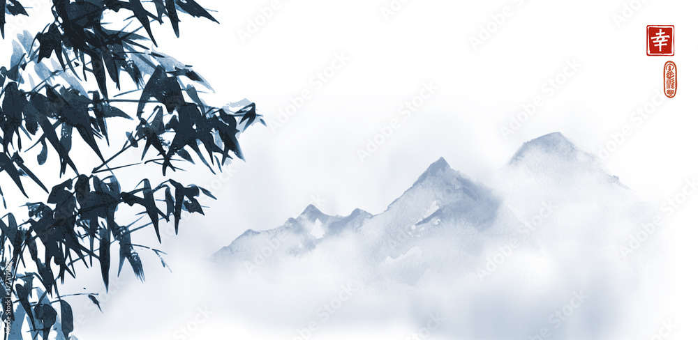 Fototapeta Ink wash painting of bamboo and distant blue mountains. Traditional oriental ink painting sumi-e, u-sin, go-hua. Hieroglyph - happiness.