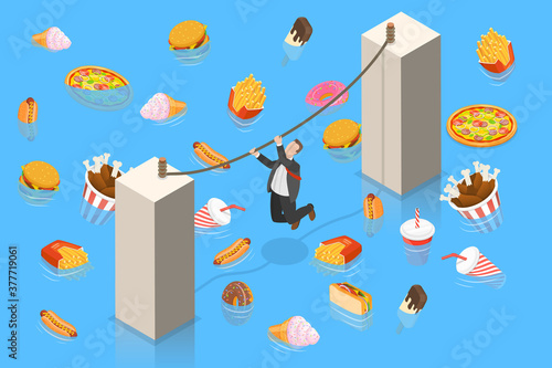 Unhealthy Nutrition Eating Risks, Fast Food Harmful Effects, Junk Food Danger. 3D Isometric Flat Vector Conceptual Illustration.