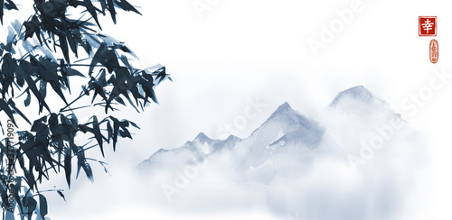 Ink wash painting of bamboo and distant blue mountains. Traditional oriental ink painting sumi-e, u-sin, go-hua. Hieroglyph - happiness.