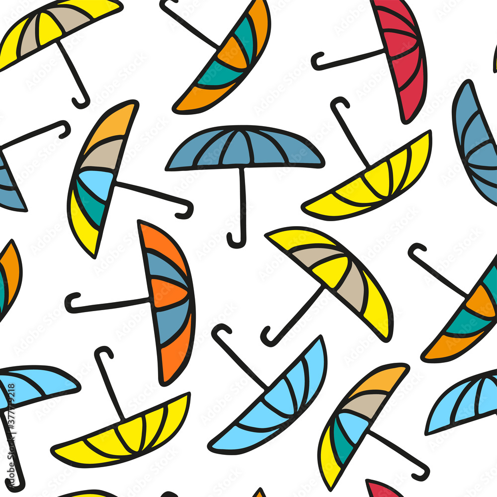 Bright multicolored umbrellas isolated on white background. Childish cute seamless pattern. Vector flat graphic hand drawn illustration. Texture.