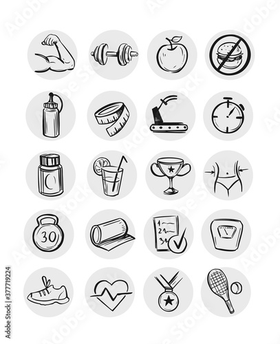 Fitness icons. Highlight instagram icons. Sport sketch illustrations. Vector