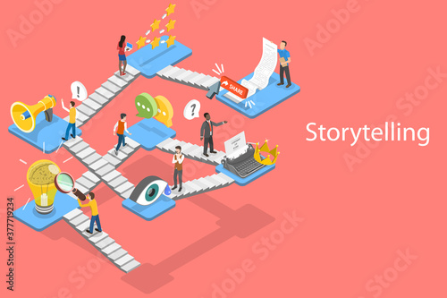 Storytelling Guide, Creative Content Writing and Blogging, Digital Marketing. 3D Isometric Flat Vector Conceptual Illustration.
