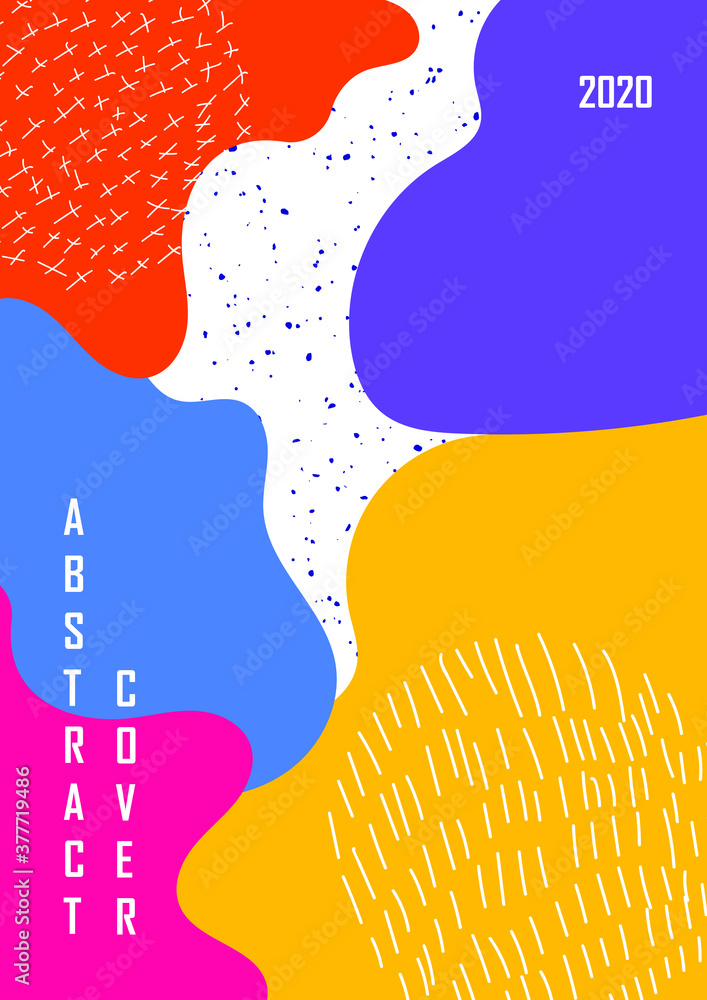 Bright abstract hand drawn background with organic shapes and sample text in trendy style. Vector illustration. Design for cover, flyer, card, branding.