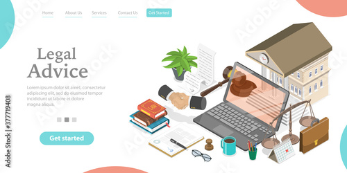 Online Legal Advice, Law and Justice, Digital Service for Law Consultation. 3D Isometric Flat Vector Conceptual Illustration.