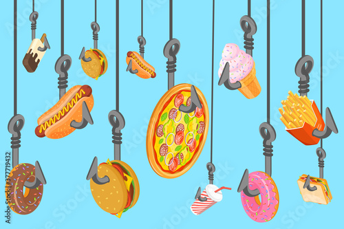 Fast Food Addiction and Harmful Effects, Junk Food Danger, Unhealthy Nutrition Eating Risks. 3D Isometric Flat Vector Conceptual Illustration.