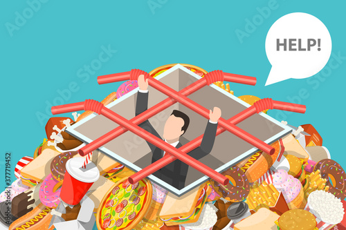 Fast Food Trap, Unhealthy Nutrition Eating Risks and Harmful Effects. 3D Isometric Flat Vector Conceptual Illustration.