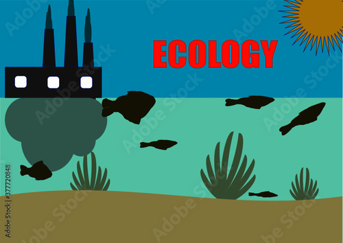 Pollution of water bodies by industrial waste emissions. Dead fish. Endangered fish species. Ecological catastrophy. Environmental pollution. Smoking chimneys of the plant. Poster. Place for text.