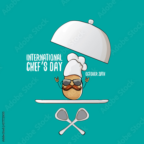 International chef day greeting card or banner. vector funny cartoon tiny brown smiling chef potato with chef hat isolated on azure background.