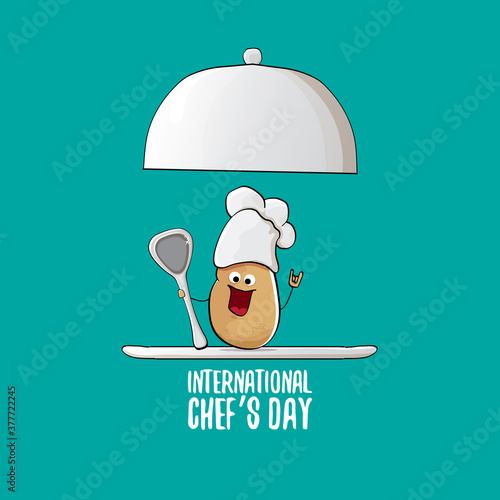 International chef day greeting card or banner. vector funny cartoon tiny brown smiling chef potato with chef hat isolated on azure background.