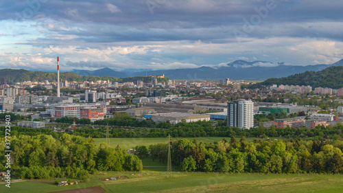 AERIAL: Flying towards industrial-residential neighborhood of Šiška, Ljubljana.