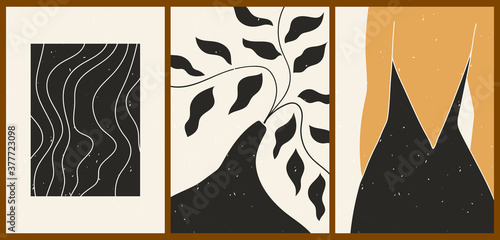 Set of three abstract minimalistic aesthetic backgrounds with leaves, lines, female silhouette, pattern. Trendy colorful vector illustration for social networks, web design in vintage boho style.