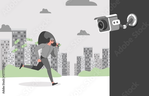 Security city camera filming thief running away with the loot. Face recognition system shoots video of robber running with bag of money vector flat illustration. CCTV cameras monitoring city concept.
