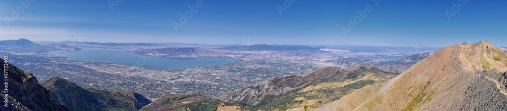 Timpanogos hiking trail landscape views in Uinta Wasatch Cache National Forest, around Utah Lake, in the Rocky Mountains in fall. Views of Midway, Heber, Provo city, Salt Lake and Utah County. USA.