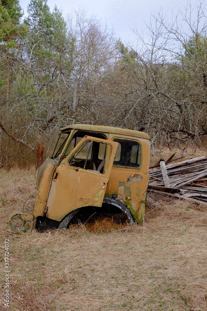 An old broken truck cab in the Chernobyl exclusion zone.