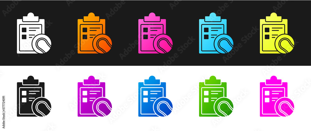 Set Checklist clipboard and tennis ball icon isolated on black and white background. Sport equipment. Vector Illustration. Set Checklist clipboard and tennis ball icon isolated on black and white background. Sport equipment. Vector Illustration.