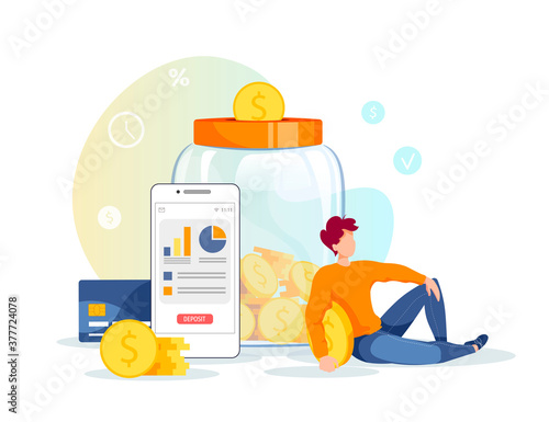 Large piggy bank in the form of a jar with coins inside, phone and young man. Money saving or accumulating, Financial services, Mobile app, Internet banking concept. Isolated vector illustration.
