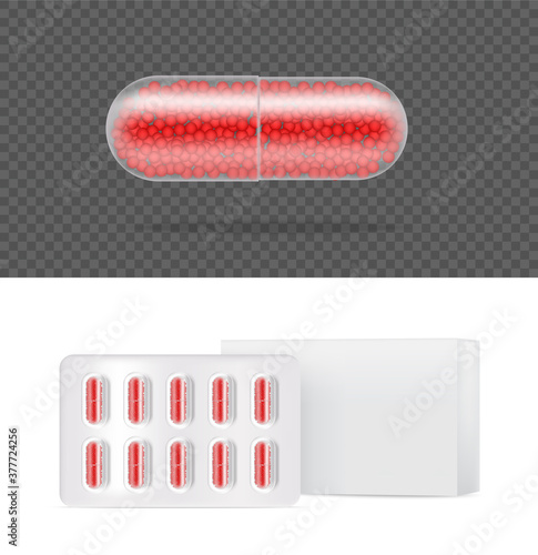 Mock up Realistic Transparent Pill Medicine Capsule Panel with box on White Background Vector Illustration. Tablets Medical and Health Concept.