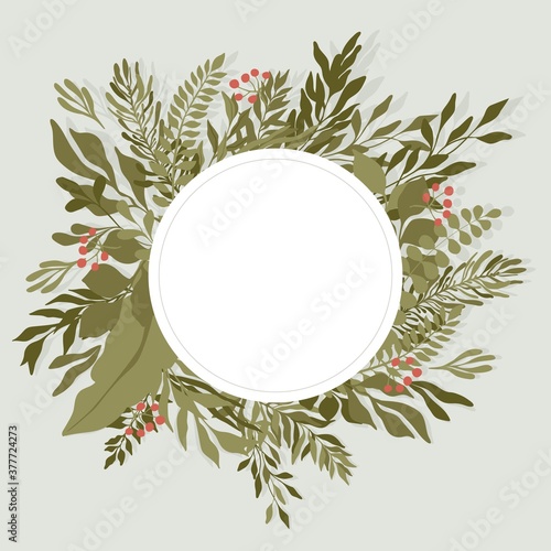 Green leaves round frame template with text space in the center. Green summer foliage, branches and red berries vector flat illustration. Invitation, wedding, greeting card template.