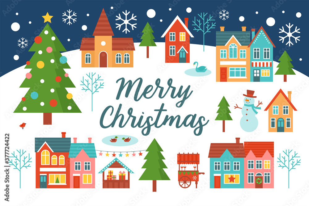 Merry Christmas greeting card design with country village landscape and Christmas tree. Flat style cartoon illustration