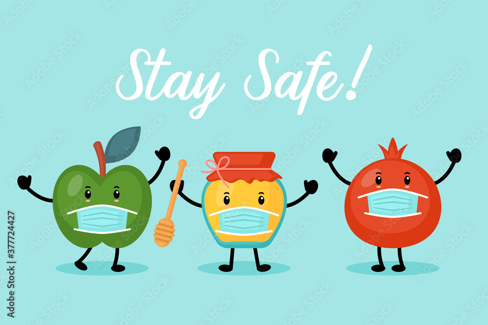 Fototapeta premium Jewish holiday Rosh Hashanah greeting card design with honey, apple and pomegranate funny cartoon characters with face medical mask.