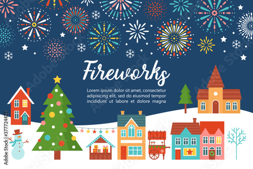 Christmas fireworks invitation card design with country village landscape and Christmas tree. Flat style cartoon illustration