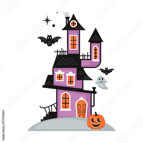 Halloween cute haunted house. Flat style cartoon vector illustration