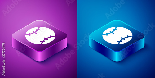 Isometric Baseball ball icon isolated on blue and purple background. Square button. Vector Illustration.