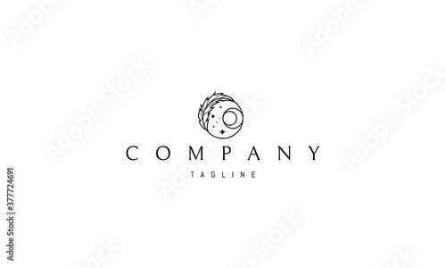 Vector logo on which an abstract image of a feather in a circle with a moon from circles.