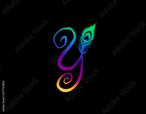 Unique Y Letter Decorated With Exotic Peacock Feather.