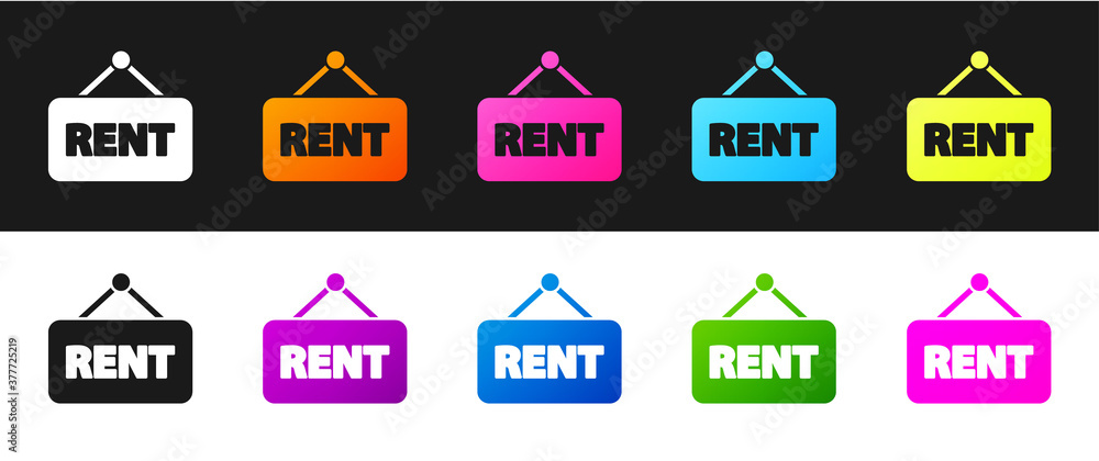 Set Hanging sign with text Rent icon isolated on black and white background. Signboard with text For Rent. Vector Illustration. Set Hanging sign with text Rent icon isolated on black and white background. Signboard with text For Rent. Vector Illustration.