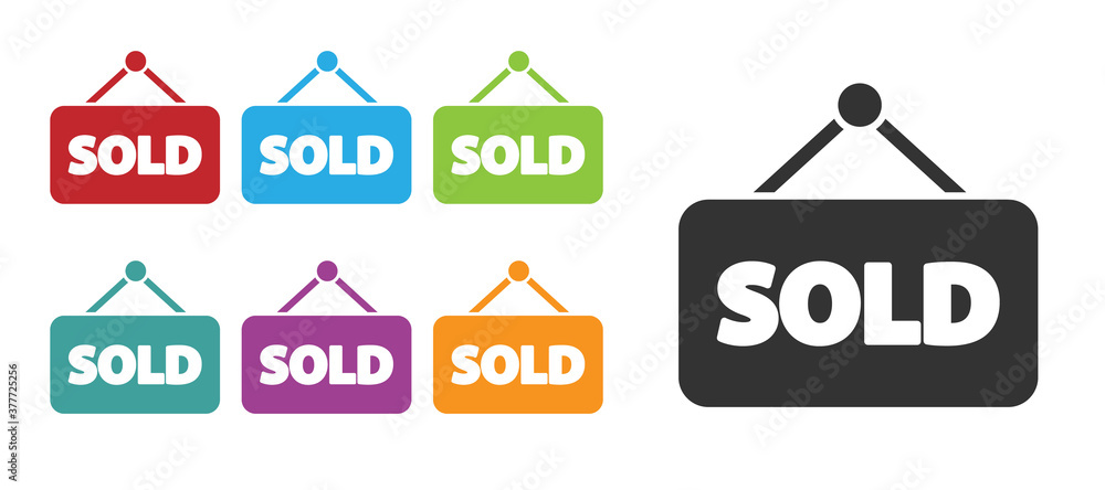Black Hanging sign with text Sold icon isolated on white background. Sold sticker. Sold signboard. Set icons colorful. Vector Illustration. Black Hanging sign with text Sold icon isolated on white background. Sold sticker. Sold signboard. Set icons colorful. Vector Illustration.