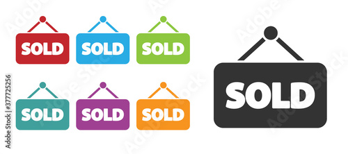 Black Hanging sign with text Sold icon isolated on white background. Sold sticker. Sold signboard. Set icons colorful. Vector Illustration.