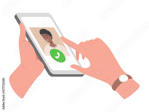 Hands holding smartphone with incoming call vector flat illustration. Boy making video call. People using video call mobile application. Social media, distant communication concept.