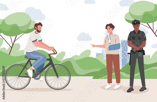 Young man with a broken arm points the policeman at the criminal man vector flat illustration. The man riding on a bike in city park, victim with a police officer pointing at him.