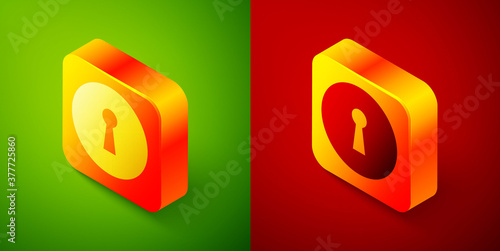 Isometric Keyhole icon isolated on green and red background. Key of success solution. Keyhole express the concept of riddle, secret, security. Square button. Vector Illustration.