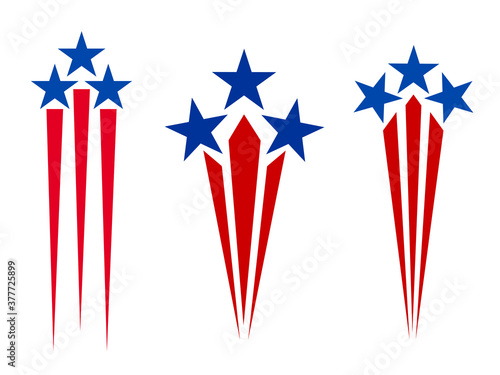 American flag symbolism blue red stars and stripes rays icons set symbolizing holiday fireworks.