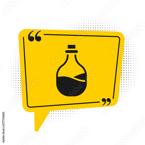 Black Old bottle of wine icon isolated on white background. Yellow speech bubble symbol. Vector.