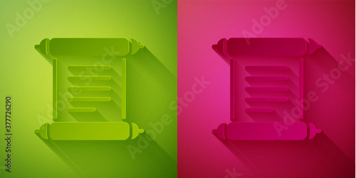 Paper cut Decree, paper, parchment, scroll icon icon isolated on green and pink background. Paper art style. Vector.