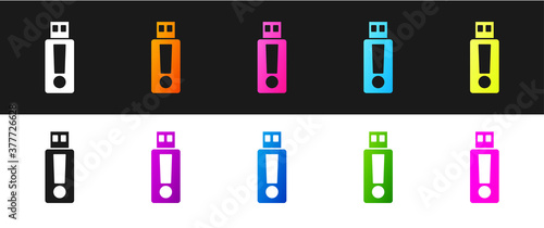 Set USB flash drive icon isolated on black and white background. Vector.