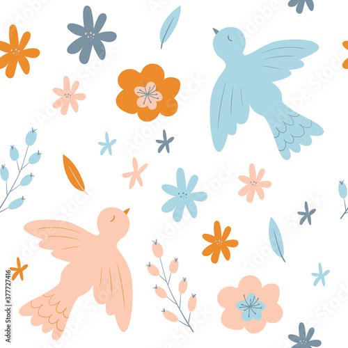 Seamless vector pattern with birds and flowers. Summer pattern. Vector animal background. A Scandinavian-style pattern. For wallpaper, textiles, fabric, paper.