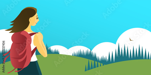 Young pretty woman with a tourist backpack travels in nature. Looks at a beautiful summer landscape with hills and forests. Banner with place for text. Vector cartoon illustration.