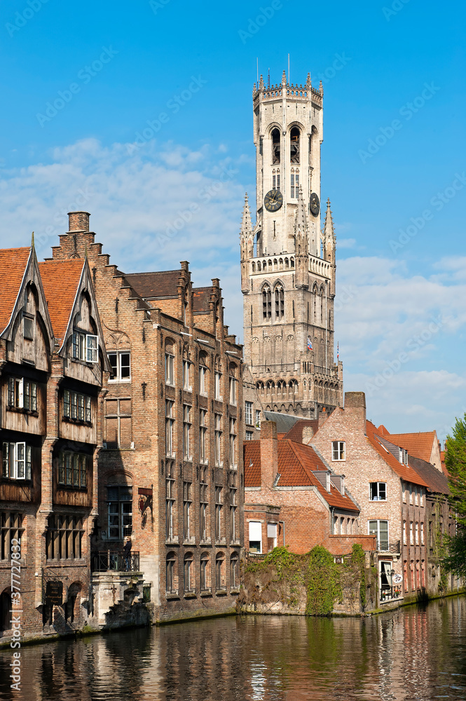 Obraz premium Belfry and Rozenhoedkaai, Historic centre of Bruges, Belgium, Unesco World Heritage Site.