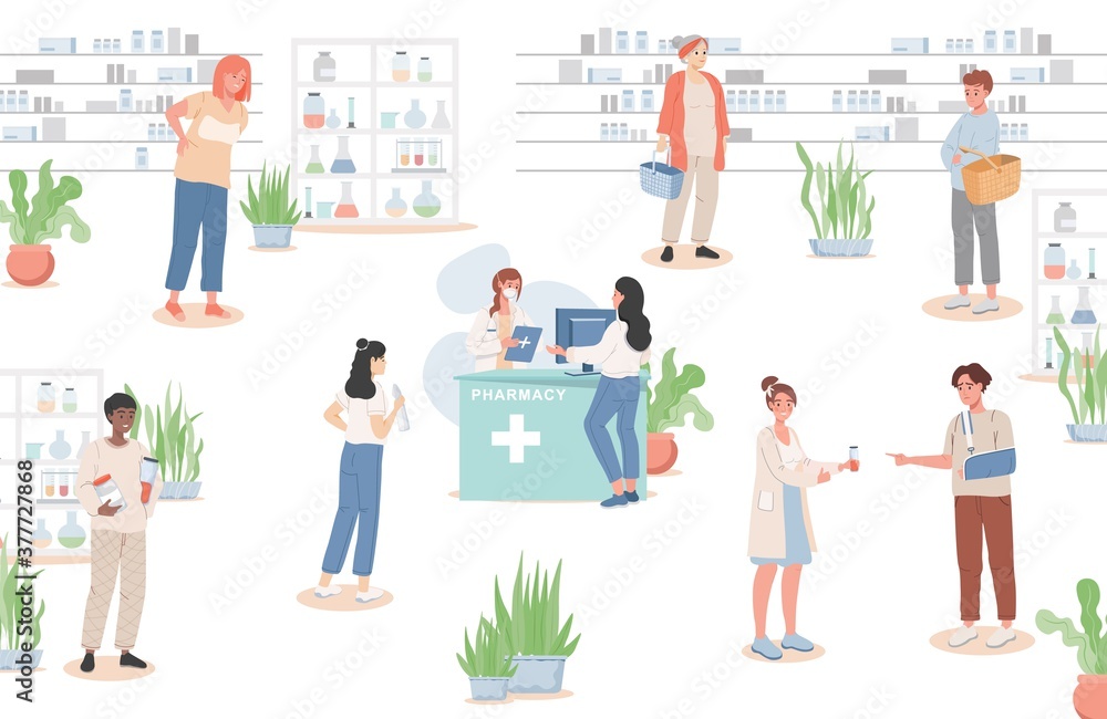 Men and women buying drugs in the drugstore vector flat illustration. Sick people choosing drugs, pharmacist consulting costumers. Healthcare, apothecary design concept.