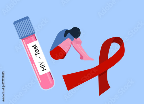 Girl in depression because of HIV results.Test tube with blood for laboratory analysis.AIDS awareness ribbon symbol. Immunodeficiency virus concept. Prevention of disease transmission.Supporting centr