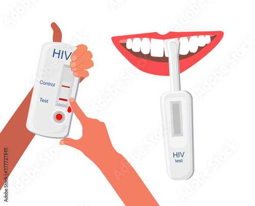 Express HIV self-test kit illustration with human mouth.Hands holding medical equipment and analysing blood for pathology.AiDs prevention.Immunodeficiency virus diagnostic concept.Disease transmission