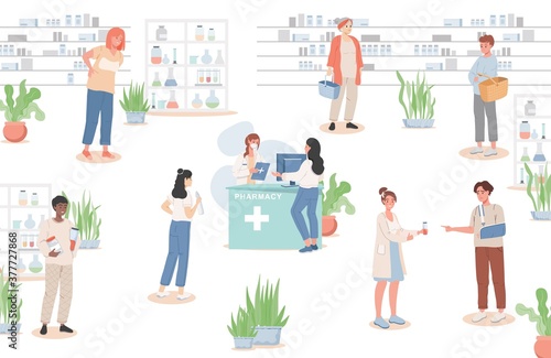 Men and women buying drugs in the drugstore vector flat illustration. Sick people choosing drugs, pharmacist consulting costumers. Healthcare, apothecary design concept.