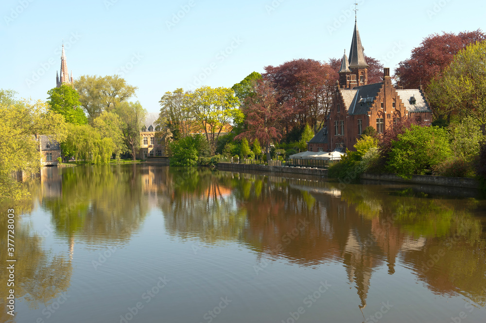 Naklejka premium Minnewaterpark (Love lake), Historic centre of Bruges, Belgium, Unesco World Heritage Site.